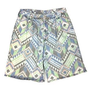 Vintage 80s 90s Cotler Bermuda Shorts High Waist Pleated Aztec Geometric 32X10